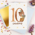 Kartka na dziesiąte urodziny dziecka z cyfrą 10 i małym misiem - Little Teddy